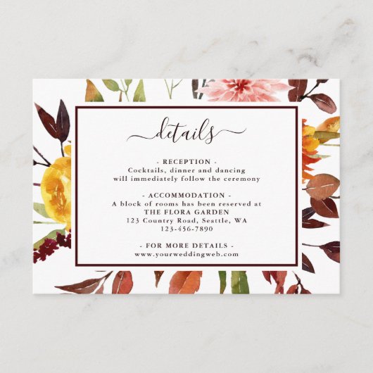 Herfsttuin Marsala Waterverf Trouwdetails Informatiekaartje (Voorkant)