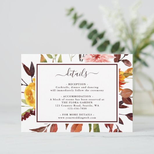 Herfsttuin Marsala Waterverf Trouwdetails Informatiekaartje (Staand voorkant)