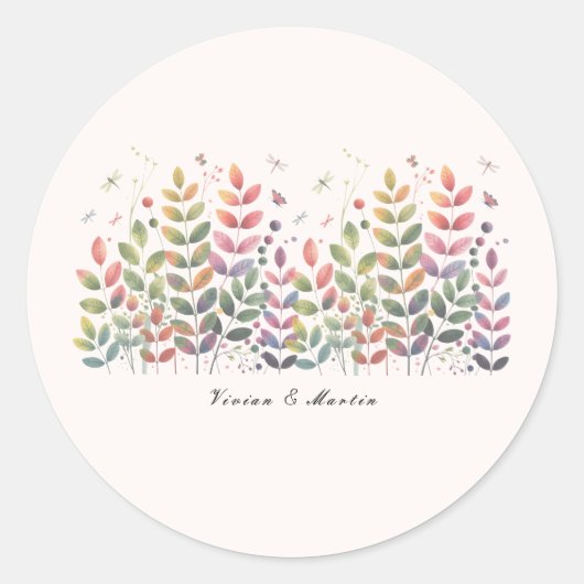 Herfsttuin met libellen bruiloft ronde sticker (Voorkant)