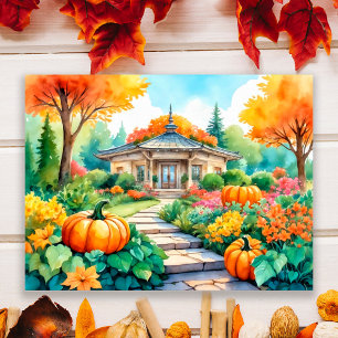 Herfsttuinhuis met pompoenen muurposter poster