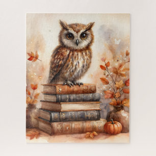 Herfstuil op boekenstapel met herfstbladeren legpuzzel