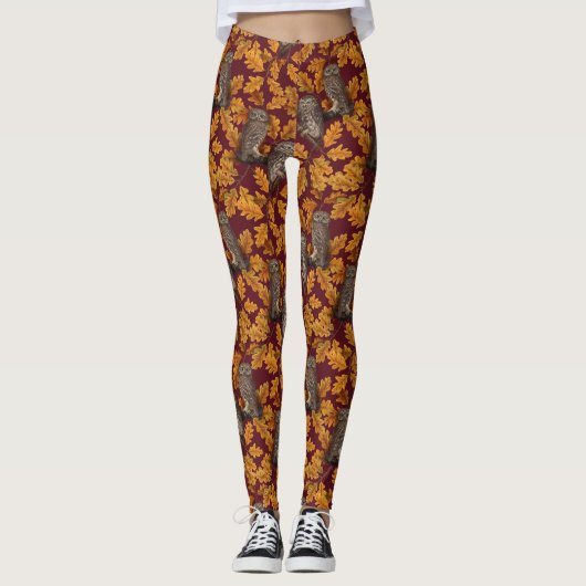 Herfstuilen op donkerrood leggings (Voorkant)