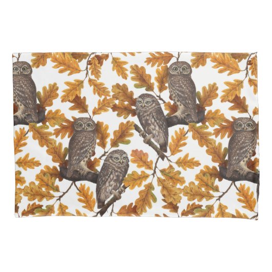 Herfstuilen op katoen wit kussensloop (Voorkant-Links)