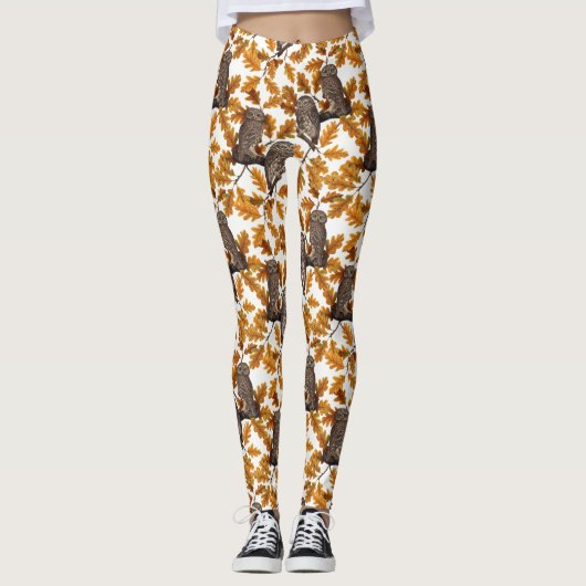 Herfstuilen op katoen wit leggings (Voorkant)