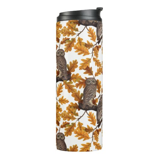 Herfstuilen op katoen wit thermosbeker (Gedraaid links)