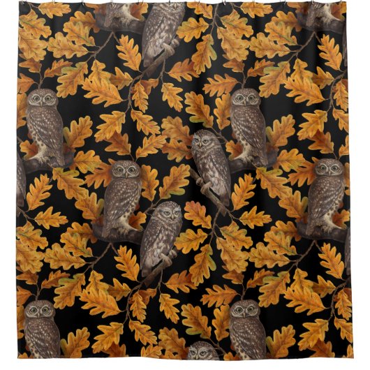 Herfstuilen op zwart douchegordijn (Voorkant)