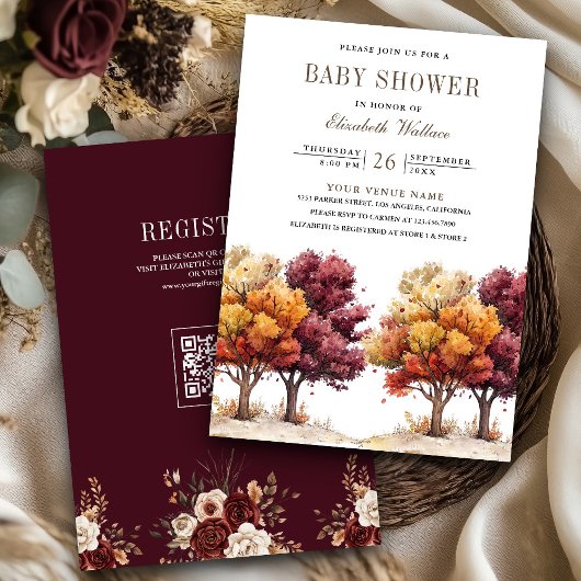 Herfstval Bourgondië Bomen QR Code Baby Shower Kaart
