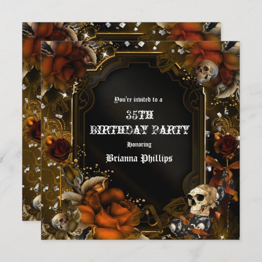 Herfstval bruine rozen schedels gotische uitnodigi kaart (Voorkant / Achterkant)