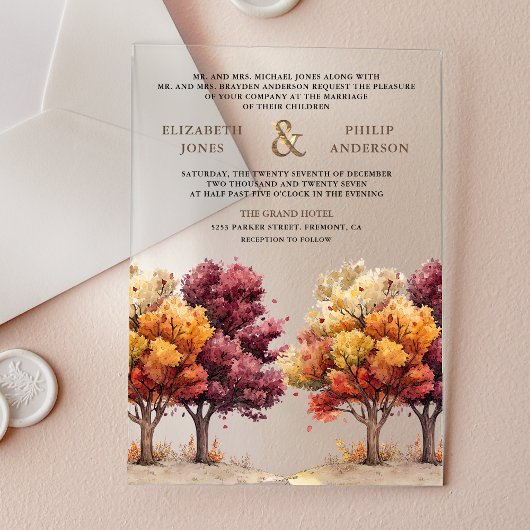 Herfstval Burgundy Bomen Bruiloft Acryl Uitnodigingen