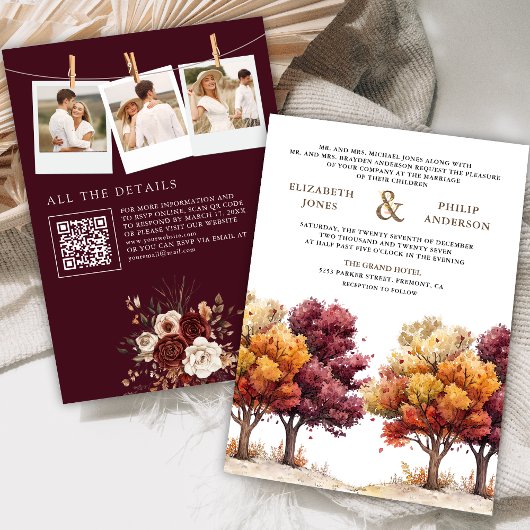 Herfstval Burgundy Bomen Foto QR Code Trouwen Kaart