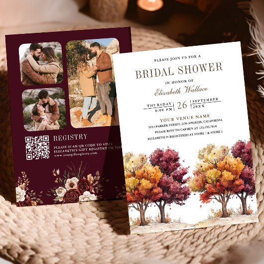 Herfstval Burgundy Bomen QR Code Bruidsuitnodiging Kaart
