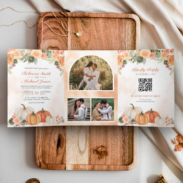 Herfstval Pompoen Bloem Foto QR Code Trouwen Drieluik Uitnodiging