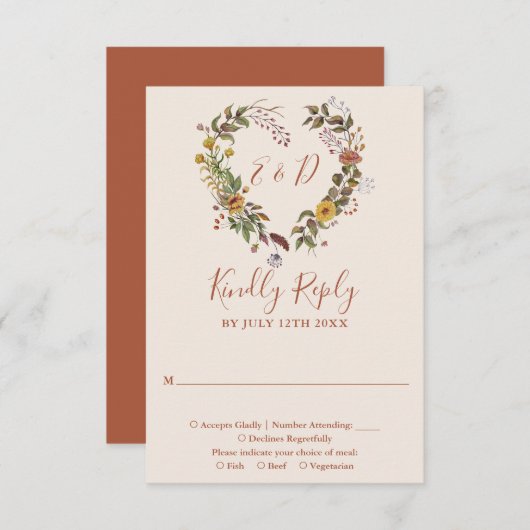 Herfstval Roestige Bloemige Terracotta Bruiloft RSVP Kaartje (Voorkant / Achterkant)