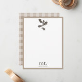 Herfstval Taupe Geruit Modern Gebladerte Monogram Notitiekaartje (Voorkant / Achterkant in situ)