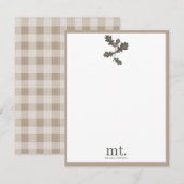 Herfstval Taupe Geruit Modern Gebladerte Monogram Notitiekaartje (Voorkant / Achterkant)