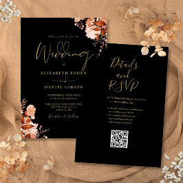 Herfstval zwart en gouden QR-code bruiloft Kaart