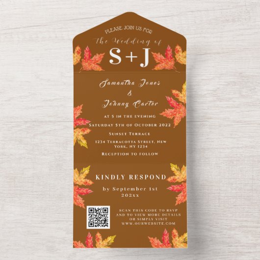Herfstvalblad Terracotta QR Code Trouw RSVP All In One Uitnodiging (Binnen)