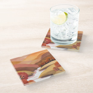 Herfstverblijf   Waterverf Landschap van Herfstbla Glazen Onderzetter