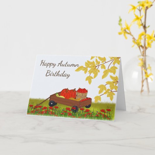 Herfstverjaardag, pompoenen en appels in een wagen kaart (Gele Bloem)