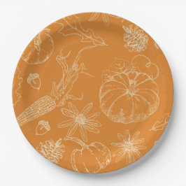 Herfstviering Schets in Sinaasappel Papieren Bordje
