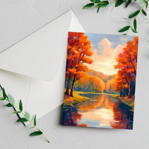 Herfstvijver Waterverf Natuurkaart met herfstbla
