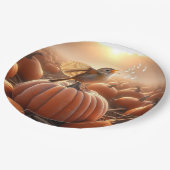 Herfstvogel zingt op een pompoen papieren bordje (Gekanteld)