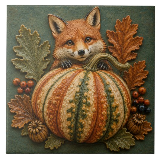 Herfstvos en Pompoen Bos Oogst Tegeltje (Voorkant)