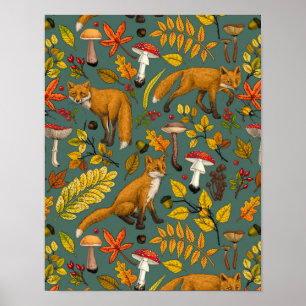 Herfstvossen op dennen groen poster