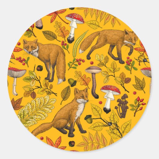 Herfstvossen op sinaasappel ronde sticker (Voorkant)