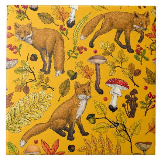 Herfstvossen op sinaasappel tegeltje (Voorkant)