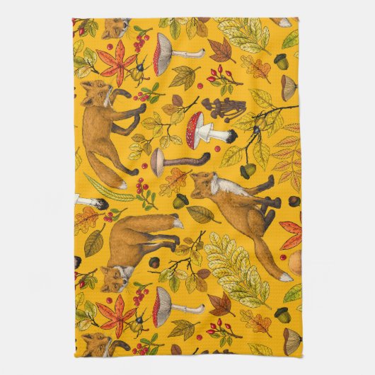 Herfstvossen op sinaasappel theedoek (Verticaal)