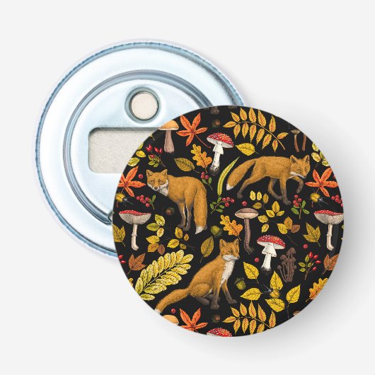 Herfstvossen op zwart button flesopener (Voorkant)