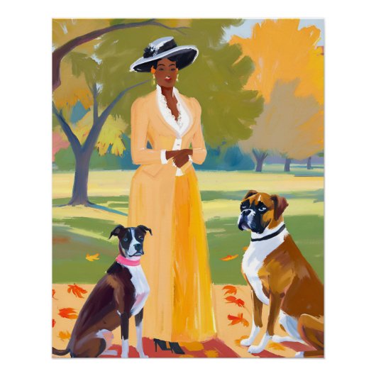 Herfstwandeling: Afro-vrouw met hond in het regent Perfect Poster (Voorkant)