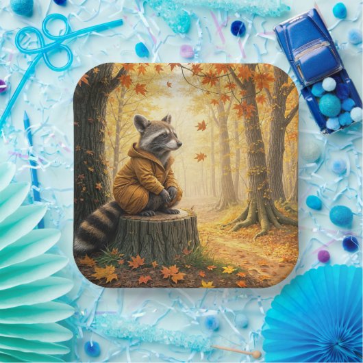 Herfstwasbeer zittend op een boomstronk papieren bordje (Feest)