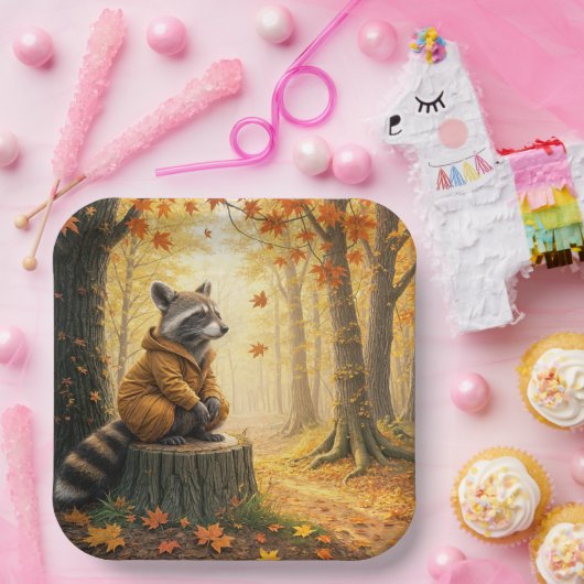 Herfstwasbeer zittend op een boomstronk papieren bordje (Feest)