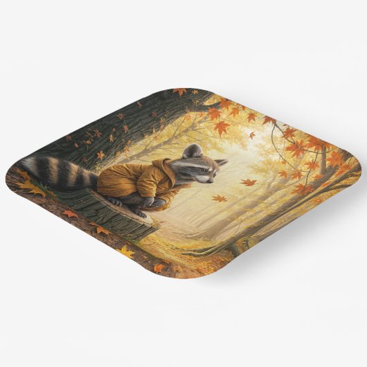 Herfstwasbeer zittend op een boomstronk papieren bordje (Gebogen)