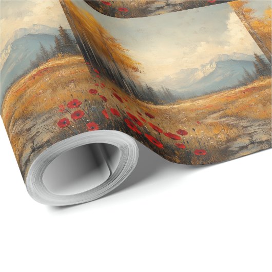  herfstweide schilderij klaprozen cadeaupapier (Rol Hoek)