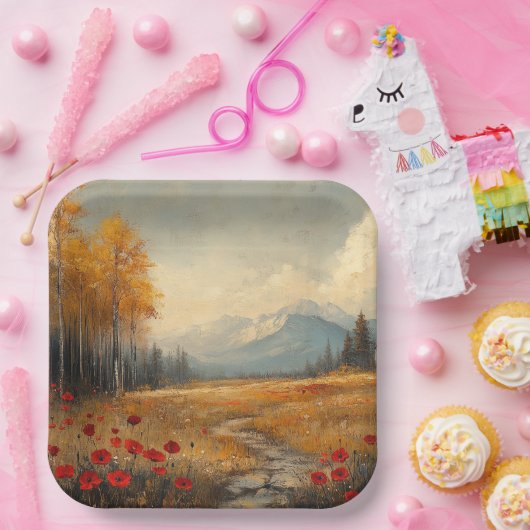  herfstweide schilderij klaprozen papieren bordje (Feest)