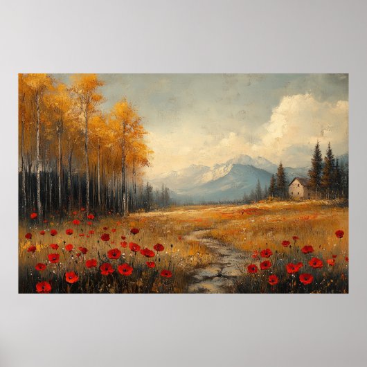  herfstweide schilderij klaprozen poster (Voorkant)