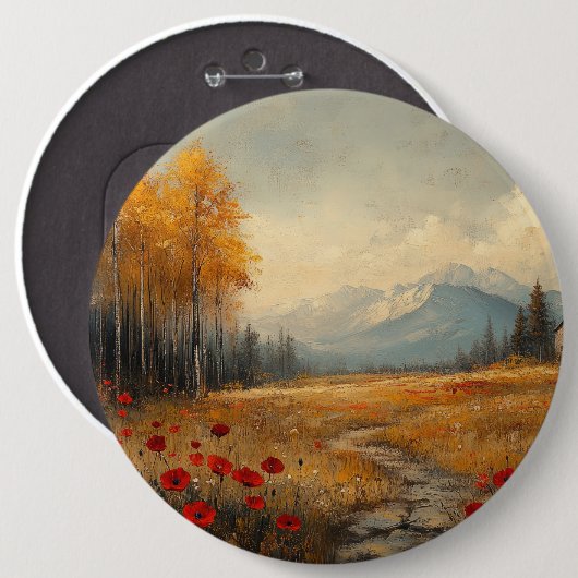  herfstweide schilderij klaprozen ronde button 6,0 cm (Voorkant /achterkant)