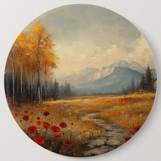  herfstweide schilderij klaprozen ronde button 6,0 cm (Voorkant)