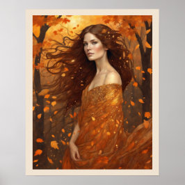 Herfstwind Vrouw in Bossen Art Nuevo Print
