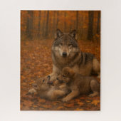 Herfstwolf familie speelse pups in het Herfst bos Legpuzzel (Verticaal)