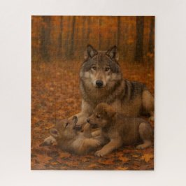 Herfstwolf familie speelse pups in het Herfst bos Legpuzzel