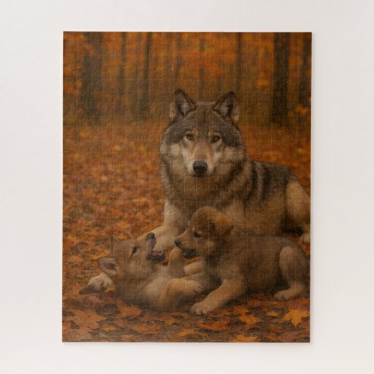 Herfstwolf familie speelse pups in het Herfst bos Legpuzzel (Verticaal)