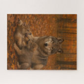Herfstwolf familie speelse pups in het Herfst bos Legpuzzel (Horizontaal)