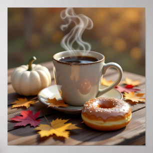 Herfstzegens, warme koffie en een donut poster