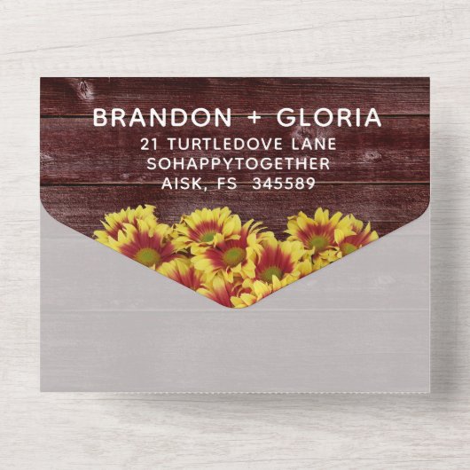 Herfstzonnebloemen op hek bruiloft all in one uitnodiging (Achterkant)