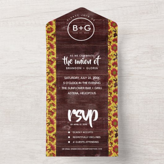 Herfstzonnebloemen op hek bruiloft in landelijke s all in one uitnodiging (Binnen)