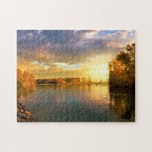 Herfstzonsondergang op de rivier. legpuzzel